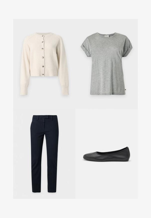 Cardigan à manches longues de couleur crème avec col rond et six boutons argentés sur le devant, en tissu maille doux.; T-shirt en coton gris clair à manches courtes avec revers aux manches et col rond, présenté à plat sur fond blanc.; Pantalon formel noir coupe slim avec passants de ceinture et poches latérales, présenté sur un fond clair uni.; Ballerines en cuir noir avec un bout rond, texture lisse, détails de couture minimalistes et design de semelle flexible.