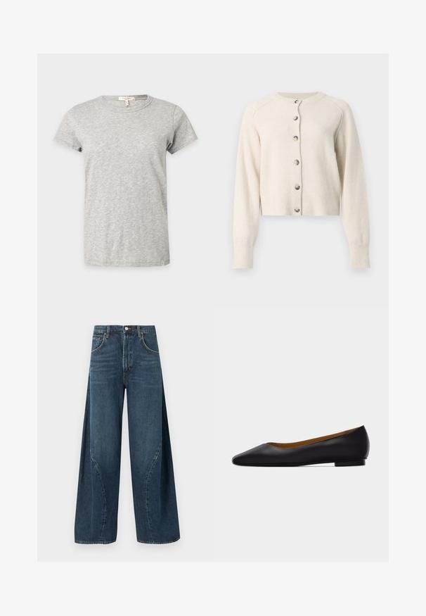 Cardigan à manches longues de couleur crème avec col rond et six boutons argentés sur le devant, en tissu maille doux.; T-shirt gris clair à manches courtes et col rond avec un motif chiné subtil affiché sur un fond uni.; Jean denim bleu foncé à jambes larges avec poches avant, passants pour ceinture et fermeture à bouton à la taille, présenté sur un fond uni.; Chaussure plate en cuir noir à bout pointu avec talon bas et finition lisse, vue de côté sur un fond gris clair.