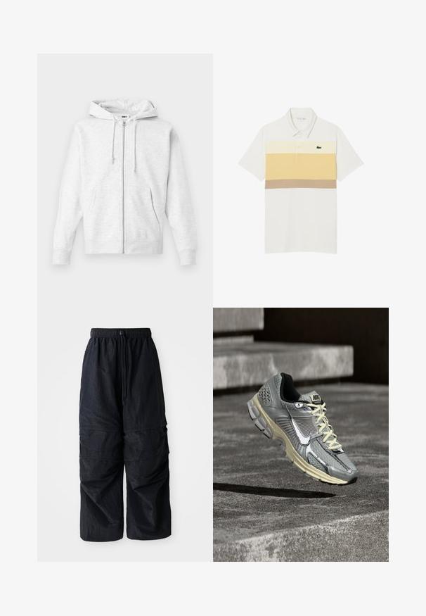 Lichtgrijze zip-up hoodie gemaakt van zachte stof. Bevat een capuchon met trekkoord, twee voorzakken en geribbelde boorden, met een subtiele logo op de borst.; Wit poloshirt met korte mouwen, met beige, lichtgeel en tan horizontale strepen en een groen krokodillenlogo op de borst.; Zwarte lichtgewicht nylon cargo pants met elastische tailleband, verstelbare trekkoord en meerdere gelaagde zakken op de benen.; Grijze en beige Nike hardloopschoen met witte veters en een grote witte swoosh, gepositioneerd alsof hij boven een betonnen oppervlak zweeft.