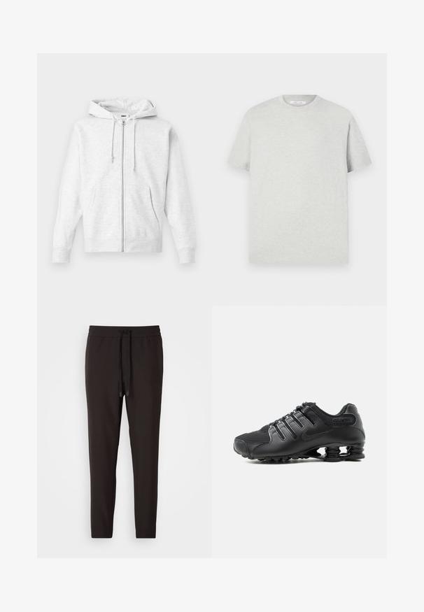 Sudadera con cremallera de color gris claro, fabricada en un tejido suave. Cuenta con capucha con cordón, dos bolsillos frontales y puños acanalados, con un logo sutil en el pecho.; Camiseta de manga corta gris claro hecha de material suave, con cuello redondo y un corte relajado, sin patrones ni acentos visibles.; Pantalones de chándal negros hechos de una tela suave, con una cintura elástica y cordón, piernas ajustadas y sin patrones ni adornos visibles.; Zapatilla deportiva negra con parte superior texturizada, cierre de cordones y distintivo soporte de suela tipo resorte visible sobre un fondo blanco.