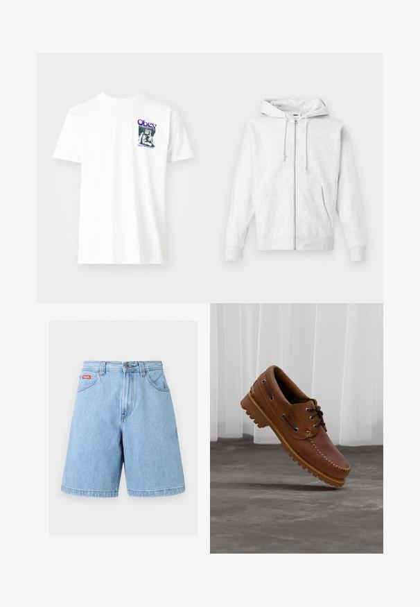 Helle graue Zip-Hoodie aus weichem Material. Verfügt über eine Kordelzugkapuze, zwei Fronttaschen und gerippte Bündchen, mit einem dezenten Logo auf der Brust.; Weißes Baumwoll-T-Shirt mit einem grafischen Druck in Lila, der eine sitzende Figur zeigt, mit dem Text "Obey" und "Stop Worry Now!" in Schwarz.; Hellblaue Denim-Shorts mit vorderer Knopf- und Reißverschluss, Gürtelschlaufen und Vordertaschen, auf einem schlichten Hintergrund gezeigt.; Brauner Leder-Bootsschuh mit schwarzen Schnürsenkeln, beigen Nähten und einer robusten Sohle, schwebt über einem grauen Betonboden.