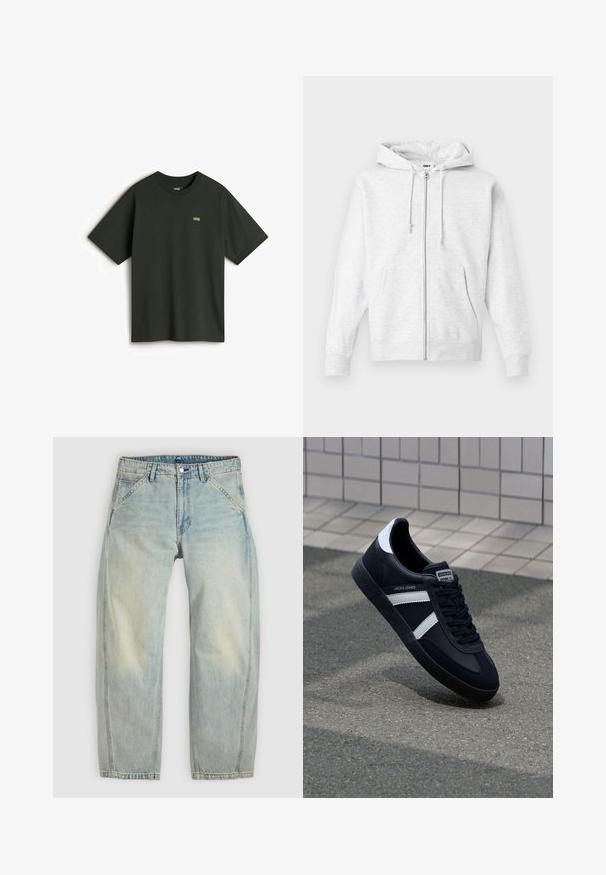 Lysegrå zip-up hoodie lavet af blødt stof. Har hætte med snoretræk, to frontlommer og ribbede manchetter, samt et diskret logo på brystet.; Vans T-shirts basic - dark green; Lys blå jeans med vide ben lavet af denim. Har fem lommer, en knaplukning og falmede områder for et brugt udseende.; Sort lædersneaker med hvide striber, tekstureret gummisål og snørrebånd foran. Har et brandet mærke på tungen.
