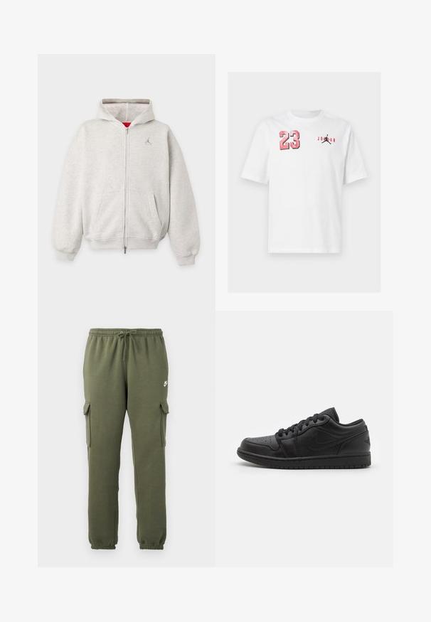 Lichtgrijze capuchontrui met ritssluiting, voorzakken, geribde manchetten en een klein logo op de linkerborst onder de kap.; Wit T-shirt met korte mouwen met rood nummer 23 op de linkerborst en zwart Jumpman-logo met rode "Jordan" tekst op de rechterborst.; Olijfgroene cargobroek met elastische tailleband, trekkoordsluiting, zijzakken en een logo op de dij. Gladde katoenmix stof.; Zwarte leren lage sneakers met geperforeerde neus, platte veters, gevoerde kraag en een gestructureerde buitenzool. Voorzien van een subtiele logo op de hiel.