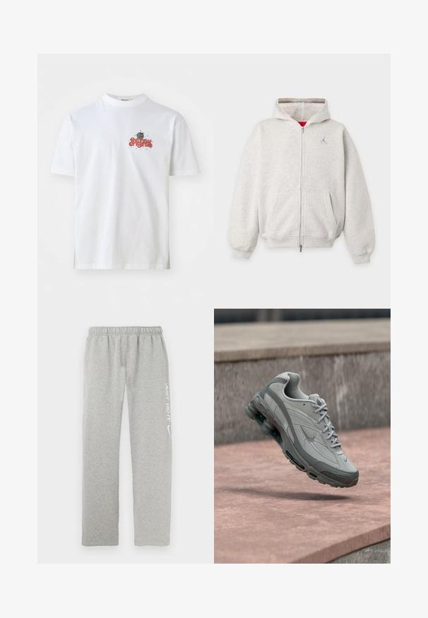 Lichtgrijze capuchontrui met ritssluiting, voorzakken, geribde manchetten en een klein logo op de linkerborst onder de kap.; Witte katoenen T-shirt met de tekst "the new originals" in het rood met blauwe sterren, ronde hals en korte mouwen.; Grijze sweatpants van zacht materiaal met een elastische tailleband. Voorzien van witte tekst "JUST DO IT" en het Nike swoosh-logo op één been.; Grijze en witte Nike-sneaker zwevend boven een stenen trede met zichtbare luchtvering en een gestructureerde zool.