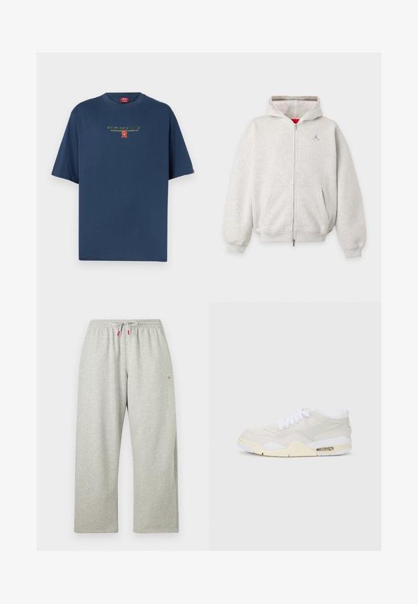 Sweat à capuche zippé gris clair avec poches avant, poignets côtelés et petit logo sur la poitrine gauche sous la capuche.; T-shirt bleu marine à manches courtes avec un petit texte imprimé et un graphique rouge et jaune centré sur la poitrine.; Pantalon de jogging gris clair, coupe ample, avec taille élastique et cordon blanc aux extrémités rouges, avec un petit logo rouge sur le haut de la cuisse.; Baskets avec une tige synthétique beige clair, des lacets blancs et un amorti visible. Présentent une semelle lisse et des accents latéraux subtils.