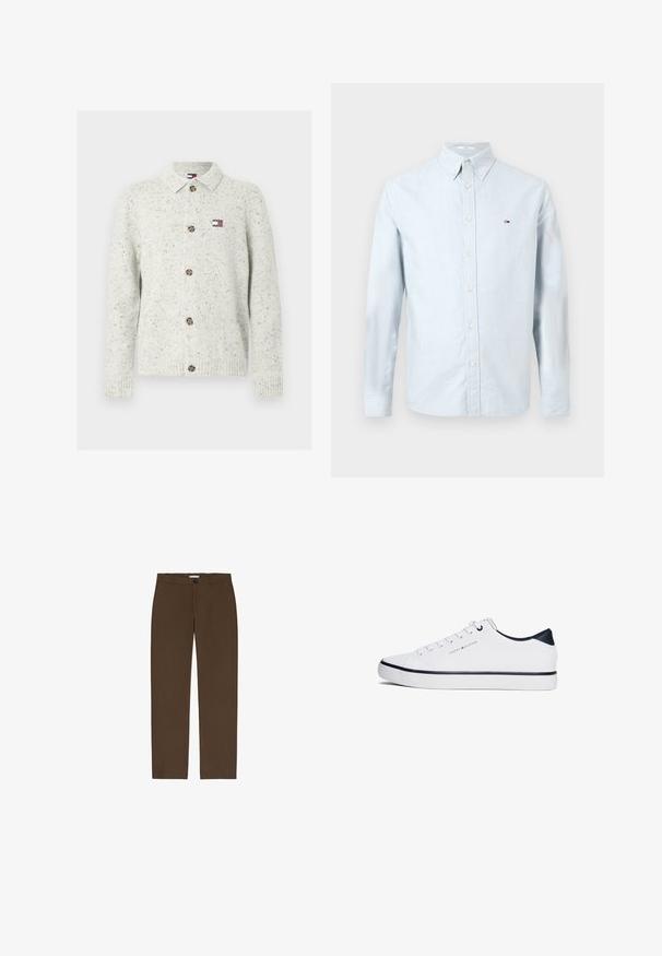 Lysegrå strikket cardigan med krave, der har knaplukning foran, tekstureret spraglet mønster og en lille logopatch på brystet.; Lys blå skjorte med lange ærmer i blødt bomuldsstof, krave i spidse design og et lille broderet logo på venstre bryst.; Brune, lige ben bukser lavet af tekstureret stof. Har en frontknap lukning og bæltestropper. Ingen synlige lommer eller mønstre.; Hvide sneakers lavet af syntetisk materiale, med et lavt design, rund tå, marineblå detaljer og en subtil logodetalje på siden.