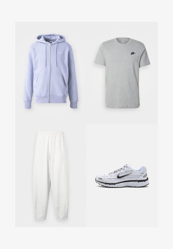 Hellblauer Reißverschluss-Hoodie aus weichem Stoff, mit einer Kängurutasche, einer Kapuze mit Zugband und einem kleinen weißen Logo auf der Brust.; Graues T-Shirt mit kurzen Ärmeln aus Baumwolle, mit einem schwarzen Nike-Logo auf der Brust und einem runden Ausschnitt. Minimalistisches Design ohne Muster.; Hellgraue Sweatpants aus weichem Stoff, mit einem elastischen Bund, schmal zulaufenden Beinen und Fußbündchen. Einfaches Design ohne Muster.; Weißer Laufschuh mit Obermaterial aus Mesh, abgerundetem Zeh, schwarzen Akzenten und gemusterter Sohle. Verfügt über Schnürung und Branding an der Seite.