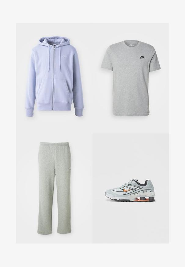 Lysblå zip-hoodie lavet af blødt stof, med en kængurulomme, snørehætte og et lille hvidt logo på brystet.; Grå kortærmet T-shirt i bomuld med et sort Nike-logo på brystet og rund halsudskæring. Minimalistisk design uden mønstre.; Grå sweatpants lavet af blødt bomuldsblandingsstof, med elastisk talje, lige ben-design og et lille logo på venstre side.; Lyst grå løbesko med sorte detaljer, orange logo, mesh-overdel, polstret krave og gummisål med synlige stødabsorberende enheder.