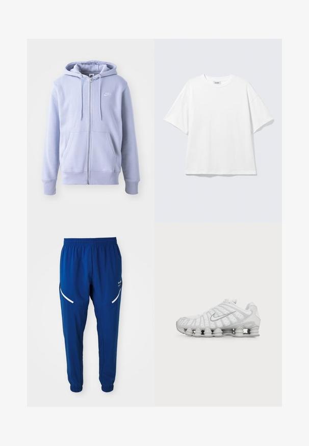 Sudadera con cremallera de color azul claro, hecha de una tela suave, que cuenta con un bolsillo canguro, capucha con cordón y un pequeño logo blanco en el pecho.; Camiseta blanca de gran tamaño con mangas cortas, cuello redondo y hombros caídos, plana sobre fondo gris claro.; Pantalones deportivos de color azul royal con cintura y puños elásticos, tiras reflectantes blancas curvas en los muslos y pequeño logotipo blanco en el lado derecho.; Zapatilla de running blanca Nike con suela visible con amortiguación de aire y logo swoosh plateado en el lateral, mostrada desde el lado exterior.