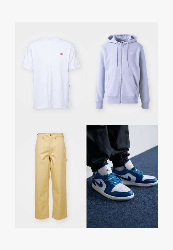 Sweat à capuche zippé bleu clair en tissu doux, doté d'une poche kangourou, d'une capuche avec cordon de serrage, et d'un petit logo blanc sur la poitrine.; T-shirt en coton blanc avec un col en V et des manches courtes. Présente un petit logo coloré brodé sur la poitrine gauche. Texture douce.; Pantalons larges beiges en coton avec une fermeture à bouton à l'avant, des passants de ceinture et des poches latérales. Texture lisse avec des détails de coutures visibles.; Les baskets Nike Air Jordan présentent une base en cuir blanc avec des accents en synthétique bleu, une boîte à orteils perforée et des lacets bleus.