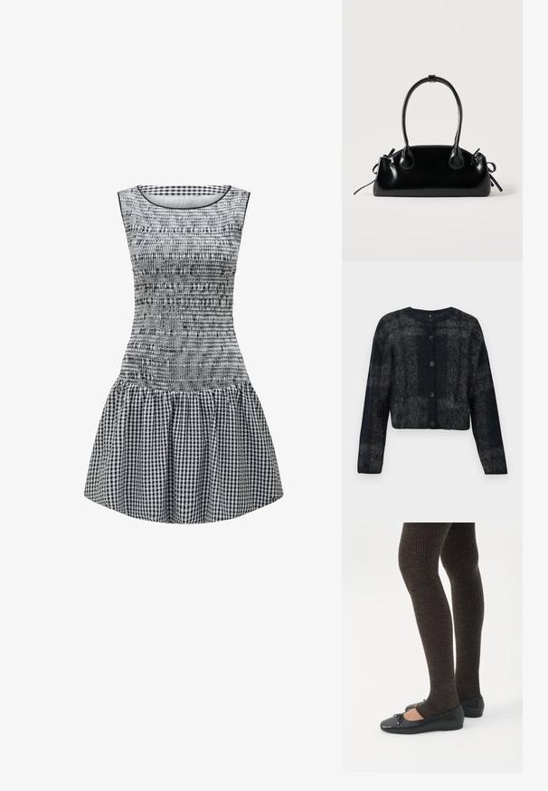 Zwarte en grijze fuzzy cardigan met ronde hals, lange mouwen en vijf knopen aan de voorkant. Zachte textuur met een cropped ontwerp.; Zwart-wit geruite jurk met een aansluitend lijfje, smocktextuur en een uitlopende rok. Eenvoudige ronde halslijn en mouwloos ontwerp.; Benen met donkere geribbelde leggings gecombineerd met zwarte ballerina's met kleine strikdetails op een witte achtergrond.; Kleine zwarte glanzende handtas met twee lange hengsels en zijkant trekkoord details op een effen lichte achtergrond.