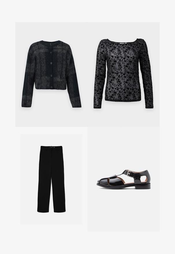 Sort og grå fuzzy cardigan med rund hals, lange ærmer og fem knapper foran. Blød tekstur med en cropped design.; Langærmet sort top med et blødt blomster-mønster i velour, med en rund halsudskæring og gennemsigtigt stof.; Sorte bukser med lige ben, bæltestropper, lynlås foran og sidelommer, lagt fladt på en lys baggrund.; Sort sandal lavet af laklæder med udskæringsdesign, ankelrem med metalspænde og lav stabelhæle. Glat tekstur med blank finish.
