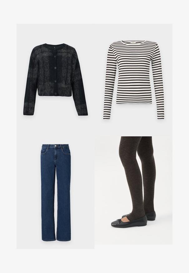 Sort og grå fuzzy cardigan med rund hals, lange ærmer og fem knapper foran. Blød tekstur med en cropped design.; Sort og hvid stribet langærmet skjorte med rund halsudskæring og tætsiddende ribbet tekstur. Balanceret stribebredde over det hele.; Mørkeblå denim jeans med lige ben, fem lommer, knap- og lynlåslukning samt kontrastsyninger langs sømmene.; Ben iført mørke ribbede leggings kombineret med sorte balletsko med små sløjfedetaljer på hvid baggrund.