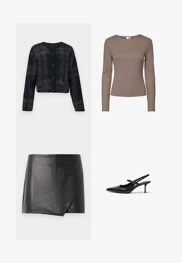 Sort og grå fuzzy cardigan med rund hals, lange ærmer og fem knapper foran. Blød tekstur med en cropped design.; Langærmet tætsiddende T-shirt med crew neck i ensfarvet taupe farve med et enkelt design og ribbet tekstur.; Sort læder miniskørt med omslagdesign, glat tekstur og en ren finish. Uden synligt hardware eller mønstre.; Sorte læder slingback hæle med spids tå, slank justerbar rem og en stiletto hæl på cirka 5 cm, glat tekstur.