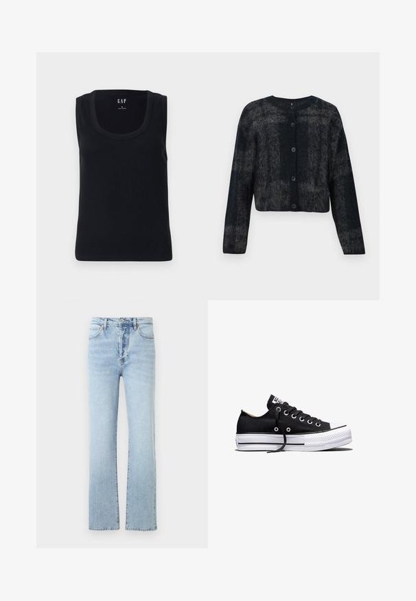Sort og grå fuzzy cardigan med rund hals, lange ærmer og fem knapper foran. Blød tekstur med en cropped design.; Sort ribbet tanktop med rund halsudskæring, ærmeløs design og tætsiddende silhuet. Mærket er vist i den øverste midte.; Lys blå denim jeans med lige ben-design, featuring høj talje, klassisk fem-pockets stil, og subtil falmning.; Sort lavt sneakers i lærred med hvid sål i gummi, sorte snørebånd og metaløjer på hvid baggrund.