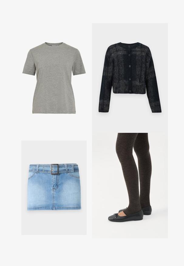 Zwarte en grijze fuzzy cardigan met ronde hals, lange mouwen en vijf knopen aan de voorkant. Zachte textuur met een cropped ontwerp.; Grijs katoenen T-shirt met een klassieke ronde hals, korte mouwen en een gladde textuur, geschikt voor casual dragen.; Lichtblauwe denim minirok met voorzakken, riemlussen en een bijpassende denimriem met een vierkante zilveren gesp.; Benen met donkere geribbelde leggings gecombineerd met zwarte ballerina's met kleine strikdetails op een witte achtergrond.