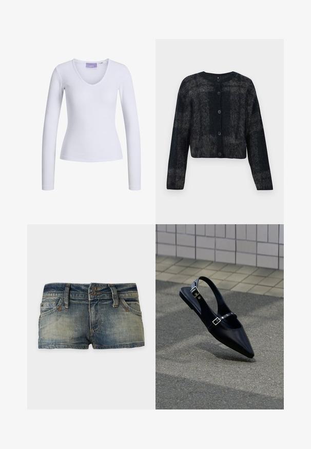 Zwarte en grijze fuzzy cardigan met ronde hals, lange mouwen en vijf knopen aan de voorkant. Zachte textuur met een cropped ontwerp.; Witte lange mouwen top met een geribbelde textuur en een V-hals ontwerp. Label zichtbaar aan de binnenkant van de hals met de merknaam "JJXX."; Verbleekte blauwe spijkershort met zichtbare stiknaden, riemlussen, voorzakken en dubbele knoopsluiting, getoond op een effen achtergrond.; Zwarte platte slingback met spits toelopende neus en dubbele gespsluitingen, rustend op grijs asfalt bij een achtergrond van betegelde muur.