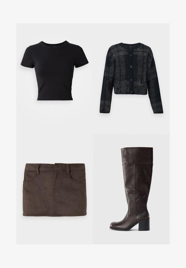 Cárdigan difuso en negro y gris con cuello redondo, mangas largas y cinco botones en la parte delantera. Textura suave con un diseño corto.; Camiseta corta negra hecha de algodón sólido, con mangas cortas y un cuello redondo, de diseño suave y sencillo.; Minifalda de ante marrón con dos bolsillos frontales, trabillas para cinturón y cierre de botón en la parte delantera. Textura suave con un brillo sutil.; Bota de cuero marrón hasta la rodilla con puntera redonda y tacón apilado. Presenta una textura suave y detalle de costura lateral.