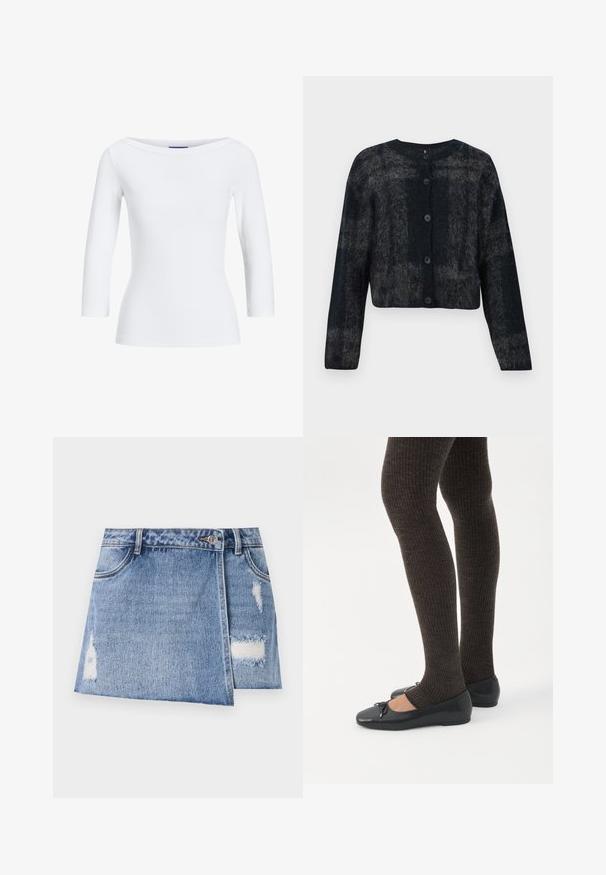 Zwarte en grijze fuzzy cardigan met ronde hals, lange mouwen en vijf knopen aan de voorkant. Zachte textuur met een cropped ontwerp.; Witte geribbelde longsleeve top met een bootnek. De stof is soepel, aansluitend en heeft een nette afwerking bij de mouwen en de zoom.; Lichtblauw denim minirok met vervaagde plekken en versleten details. Heeft een frontale knoopsluiting en een traditionele vijf-pocket design.; Benen met donkere geribbelde leggings gecombineerd met zwarte ballerina's met kleine strikdetails op een witte achtergrond.