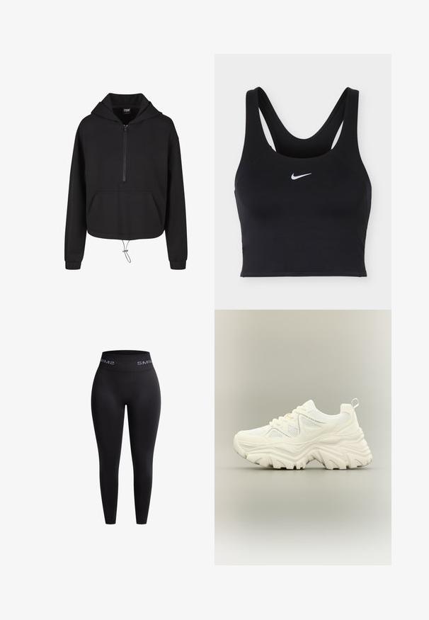 Sweat-shirt à capuche noir avec une fermeture éclair sur le devant, coupe courte, poches kangourou, ourlet à cordon de serrage et poignets côtelés. Texture de tissu lisse.; Brassière de sport Nike noire avec larges bretelles et logo Nike swoosh blanc centré sur l'avant.; Leggings noirs en tissu extensible avec une taille haute élastique présentant le texte "SMIL" en blanc. Texture lisse et design ajusté.; Baskets blanches épaisses avec semelle texturée épaisse, panneaux en mesh, laçage à l'avant et languette au talon sur un fond neutre.