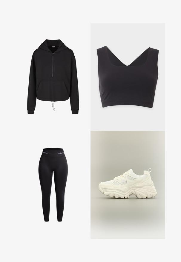 Sweat-shirt à capuche noir avec une fermeture éclair sur le devant, coupe courte, poches kangourou, ourlet à cordon de serrage et poignets côtelés. Texture de tissu lisse.; Crop top noir sans manches avec de larges bretelles et un profond décolleté en V sur un fond clair uni.; Leggings noirs en tissu extensible avec une taille haute élastique présentant le texte "SMIL" en blanc. Texture lisse et design ajusté.; Baskets blanches épaisses avec semelle texturée épaisse, panneaux en mesh, laçage à l'avant et languette au talon sur un fond neutre.