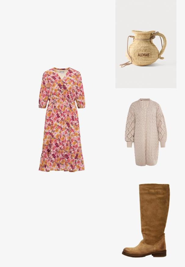 Beige oversized kabelstrik cardigan med dyb V-udskæring, lange ærmer og teksturerede diamantmønstre. Åben frontdesign.; Midlang kjole med trekvartlange ærmer, V-hals, elastisk talje og blomstermønster i pink, orange og mørkerøde toner.; Brune ruskinds knæhøje støvler med rund tå og lav blokhæl. Glat overflade, minimal syning, og et logodetail nær hælen.; Rund flettet stråtaske med håndtag af reb og "ALEMAIS" broderet på siden med brunt garn.