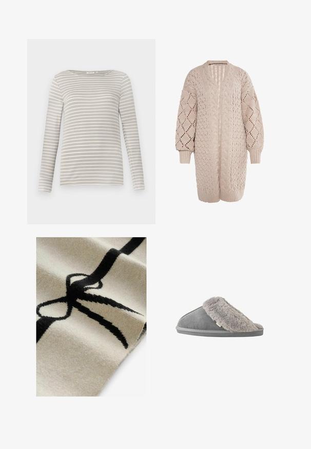 Beige oversized kabelstrik cardigan med dyb V-udskæring, lange ærmer og teksturerede diamantmønstre. Åben frontdesign.; TOM TAILOR STRIPED BOAT NECK - Langærmet T-shirt - taupe/offwhite; Tekstil med en cremefarvet baggrund, der har et fremtrædende sort sløjfedesign. Blød tekstur, vævet stof med synlige fibre og mønstre.; Grå ruskind slip-on hjemmesko med tyk blød grå imiteret pelsforing og sålkant, designet til indendørs komfort.