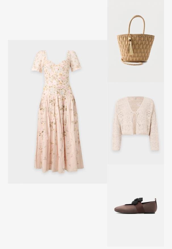 Crocheted beige cardigan with open front, long sleeves, and a tie closure. Features geometric patterns and a cropped design.; Light pink midi dress with puff sleeves, sweetheart neckline, and delicate floral embroidery throughout.; Brown flat shoe with rounded toe, black elastic strap decorated with a black felt flower, and a small heel tab.; Woven straw tote bag with rounded handles, square pattern, and two hanging tassels with wooden beads on a plain background.