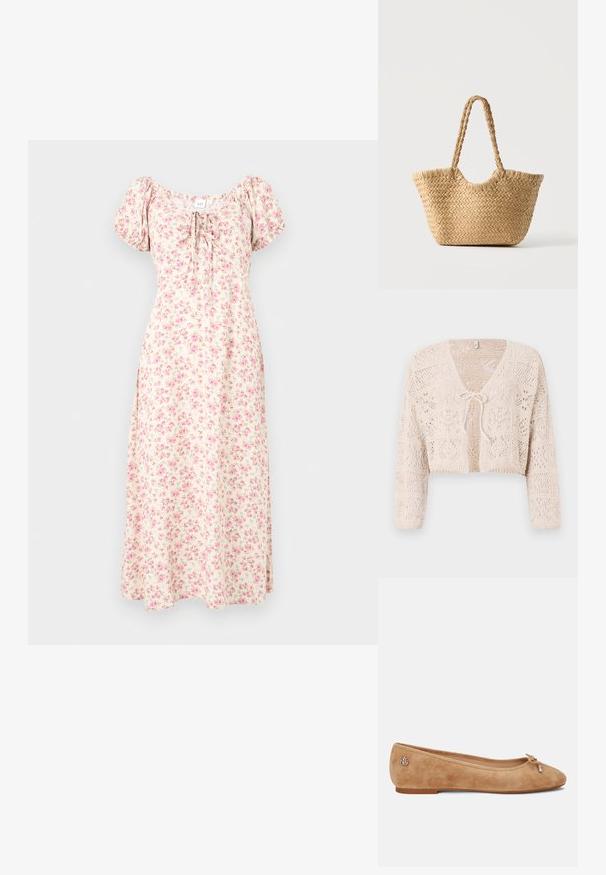 Gehaakt beige cardigan met open voorkant, lange mouwen en een striksluiting. Bevat geometrische patronen en een cropped ontwerp.; Crèmekleurige midi-jurk met roze bloemenprint, pofmouwen, vierkante halslijn en een strikdetail aan de voorkant.; Beige suède balletschoen met een lichtpuntige neus, een strikaccent aan de voorkant en een klein metallic logo op de hak. Platte zool.; Gevlochten strooien tote tas met brede bodem, gevlochten handvatten en natuurlijke beige kleur op een effen witte achtergrond.