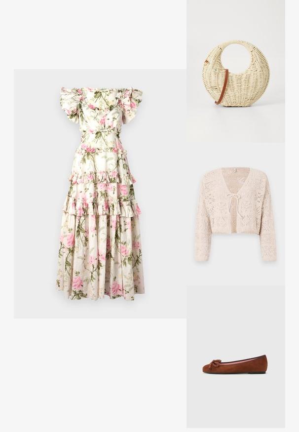 Gilet en crochet beige avec devant ouvert, manches longues et fermeture par lien. Présente des motifs géométriques et un design court.; Robe maxi florale avec des manches drapées hors des épaules, design en niveaux, fond crème, motif de roses roses et accents de feuillage vert.; Ballet flat en cuir suédé marron avec un bout arrondi, dotée d'un nœud décoratif à l'avant et d'une doublure intérieure rose contrastante. Semelle plate.; Sac à main tressé rond en paille naturelle avec une finition texturée. Dispose d'une bandoulière en cuir marron lisse et d'une poignée circulaire.