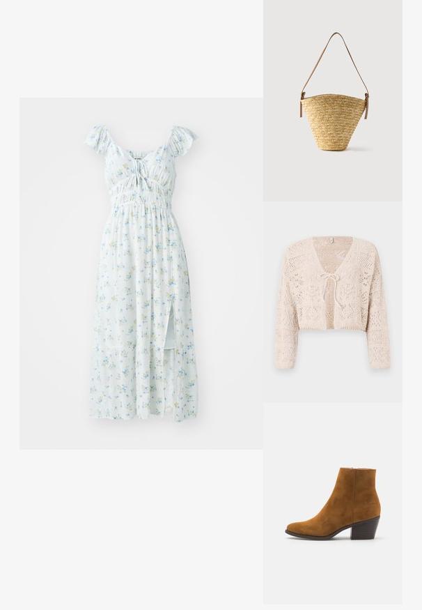 Cardigan de ganchillo beige con frente abierto, mangas largas y cierre de lazo. Presenta patrones geométricos y un diseño corto.; Vestido maxi floral azul claro con mangas cortas de volantes, cuerpo fruncido y abertura lateral. Presenta pequeños patrones de flores verdes y amarillas.; Botín de ante marrón hasta el tobillo con punta afilada y tacón apilado. Textura suave con un cierre de cremallera lateral. Diseño y forma clásicos.; Bolso tipo cubo de paja tejido con base ancha, parte superior estrecha y correa de hombro ajustable de cuero marrón.