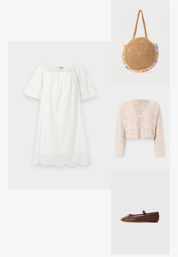 Hæklet beige cardigan med åben front, lange ærmer og båndlukning. Har geometriske mønstre og en cropped design.; Hvid kjole med firkantet halsudskæring og korte puffærmer. Lavet af tekstureret stof med blomsterudskæringer og bølgede kanter.; Brun vævet læderballetsko med rund tå, lille sløjfe som accent og en elastisk rem over anklen for en sikker pasform.; Rund flettet stråhåndtaske med kort rem og flerfarvede hæklet detaljer rundt kanterne.