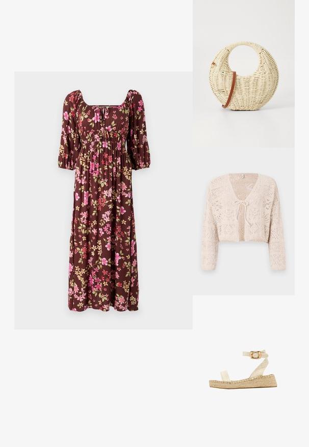 Hæklet beige cardigan med åben front, lange ærmer og båndlukning. Har geometriske mønstre og en cropped design.; Brun blomster maxi kjole med puffærmer, firkantet udskæring og rynket bodice med pink og gule blomstermønstre. Blødt stof.; South Beach TWO PART - Espadrilles - cream; Rund flettet taske i naturligt strå med en tekstureret overflade. Har en glat brun læderrem og et cirkulært håndtag.