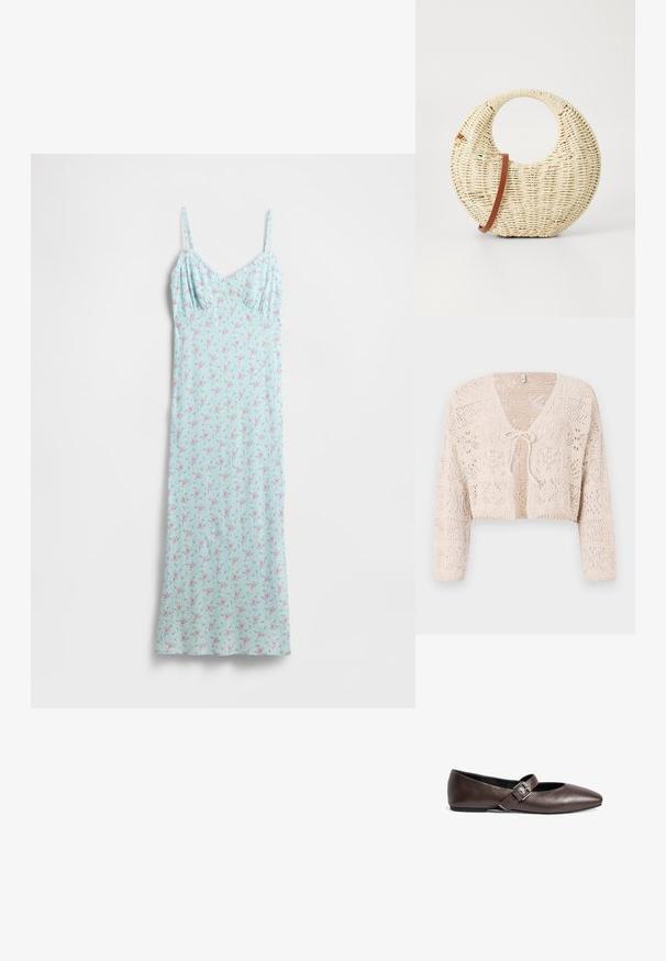 Beige gehäkelte Strickjacke mit offener Vorderseite, langen Ärmeln und einer Bindeschließe. Besitzt geometrische Muster und ein kurzes Design.; Hellblaues Kleid mit einem Blumenmuster in Pink und Grün. Spaghettiträger und ein tailliertes Oberteil, das zu einem fließenden Rock übergeht. Weiche Stoffstruktur.; Braune Lederflachschuhe mit rundem Zehenbereich und einem verstellbaren Schnallenriemen über dem Mittelfuß. Glatte Textur und minimalistisches Design.; Runde gewebte Handtasche aus natürlichem Stroh mit strukturierter Oberfläche. Verfügt über einen glatten braunen Ledergriff und einen runden Henkel.