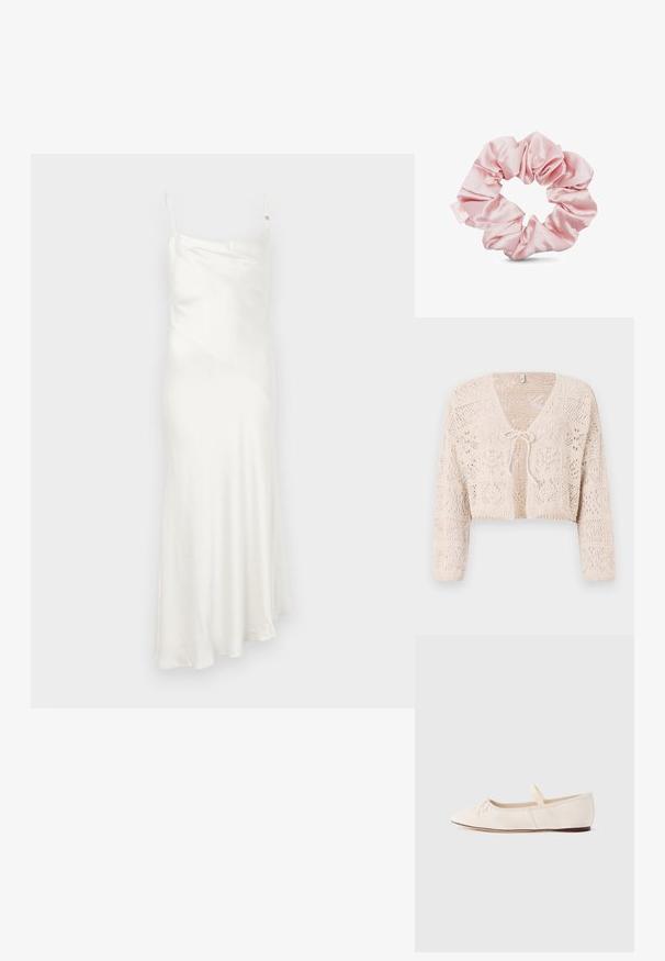 Gehaakt beige cardigan met open voorkant, lange mouwen en een striksluiting. Bevat geometrische patronen en een cropped ontwerp.; Witte satijnen slipdress met dunne spaghettibandjes, een diagonale naaddetail en een uitlopende zoom die een vloeiende silhouet creëert. Gladde, lichte textuur.; Ballerina's met een lichte beige suède bovenwerk, een puntige neus en een dunne elastische band over de wreef. Platte zool met een minimale rubberen accent.; Roze satijnen scrunchie met een gladde textuur, met een gatheringdesign en een klein label met het merklogo. Cirkelvormig voor haarstyling.