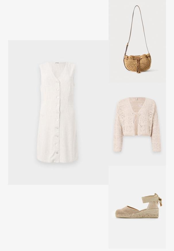 Gilet en crochet beige avec devant ouvert, manches longues et fermeture par lien. Présente des motifs géométriques et un design court.; Robe sans manches en lin couleur beige clair, avec un décolleté en V et une fermeture à boutons à l'avant comportant six boutons ronds clairs. Design simple et droit.; Espadrille beige avec une tige en toile, un talon texturé tissé et une semelle en jute tressé ; dispose d'une bride à la cheville pour un maintien sécurisé.; Petit sac d'épaule tressé beige avec bandoulière en cuir marron réglable et détail de lien en cuir à l'avant, suspendu sur fond blanc.