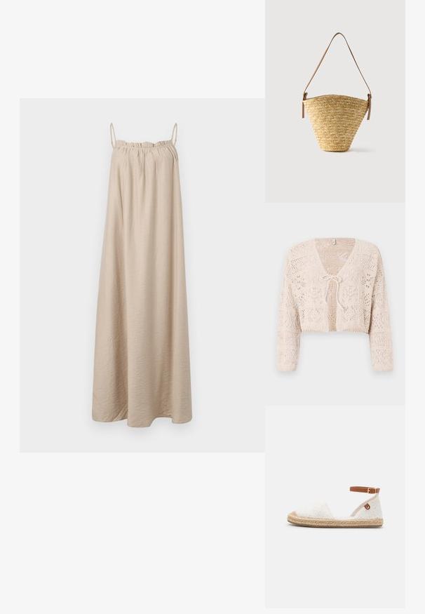Gehaakt beige cardigan met open voorkant, lange mouwen en een striksluiting. Bevat geometrische patronen en een cropped ontwerp.; Beige maxijurk met dunne spaghettibandjes, geplooide elastische halslijn, gemaakt van zachte, gestructureerde stof, en een vloerlange A-lijn silhouet.; Witte canvas espadrille met bloemborduurwerk, jute zool en bruine enkelband. Heeft een ronde neus en een gestructureerd oppervlak.; Gevlochten strooien bucketbag met brede basis, smalle bovenkant en verstelbare bruine leren schouderriem.