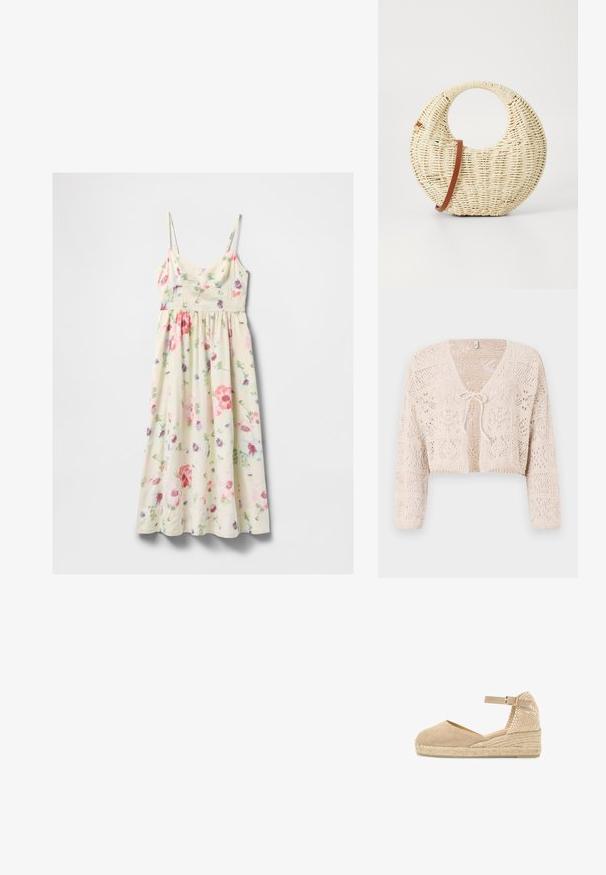 Hæklet beige cardigan med åben front, lange ærmer og båndlukning. Har geometriske mønstre og en cropped design.; Cremefarvet ærmeløs midi-kjole med pink, rød, lilla og grøn blomsterprint og tynde justerbare stropper.; Beige kile espadrillesko med ankelremsspænde, vævet hælkappe og flettet juttesål.; Rund flettet taske i naturligt strå med en tekstureret overflade. Har en glat brun læderrem og et cirkulært håndtag.