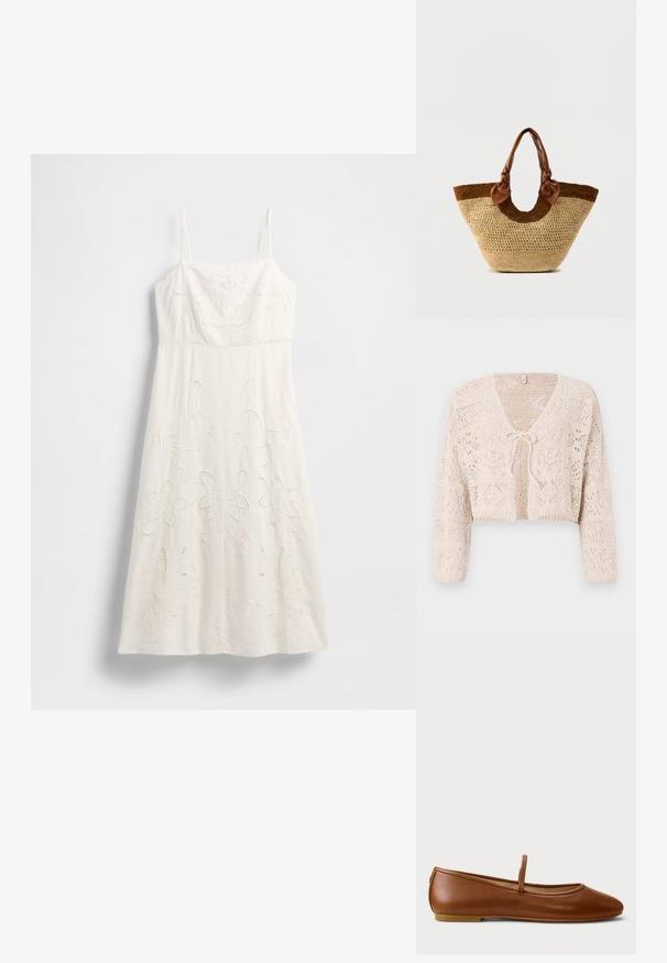 Cardigan de ganchillo beige con frente abierto, mangas largas y cierre de lazo. Presenta patrones geométricos y un diseño corto.; Vestido blanco hasta la rodilla con tirantes finos, bordado floral y detalles recortados. Confeccionado con tela ligera y una silueta fluida.; Zapato Mary Jane plano de cuero marrón con punta redondeada y una sola correa sobre el empeine, montado sobre una suela plana de goma.; Bolso tote de paja tejido con base de color natural, acento marrón oscuro y asas de cuero marrón con detalles de nudos en los extremos.