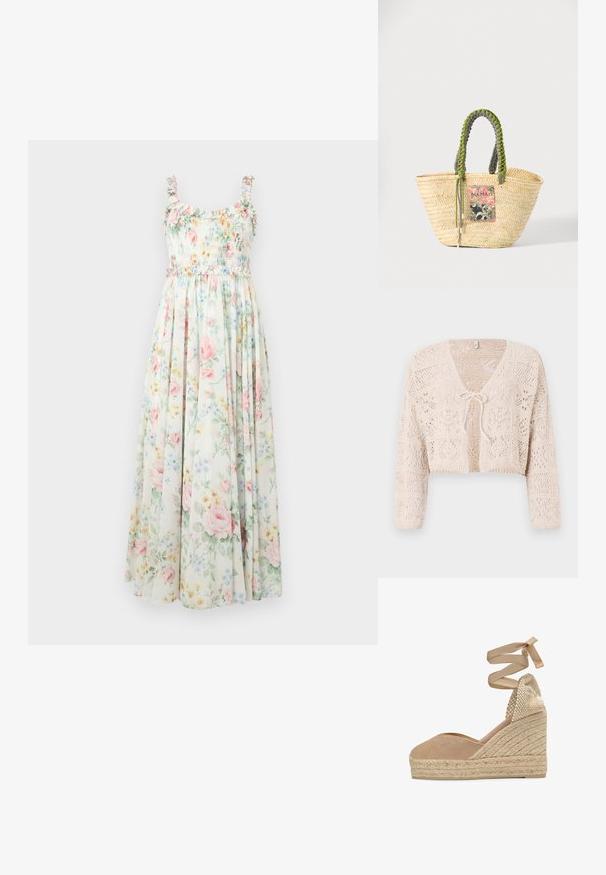 Hæklet beige cardigan med åben front, lange ærmer og båndlukning. Har geometriske mønstre og en cropped design.; Blomstrete maxikjole med smocket liv, frynset skulderstropper og pastellroser og blå blomstermønstre på en lys baggrund.; Beige lærred kile-espadrille med flettet jute-platform og snørebånd om anklen, med vævet hælkappe.; Vævet beige stråtaske med flettede grønne og sorte håndtag og en farverig rektangulær lap foran.