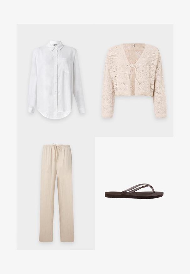 Cardigan de ganchillo beige con frente abierto, mangas largas y cierre de lazo. Presenta patrones geométricos y un diseño corto.; Camisa blanca de manga larga hecha de lino con cuello abotonado, un bolsillo en el pecho y dobladillo redondeado. Cuenta con cierre frontal estándar con botones.; Pantalones beige claros de corte suelto con cintura elástica y cordón, piernas rectas, hechos de tela ligera.; Sandalia de goma marrón con suela texturizada y tiras finas que presentan un pequeño detalle metálico decorativo en el lateral.