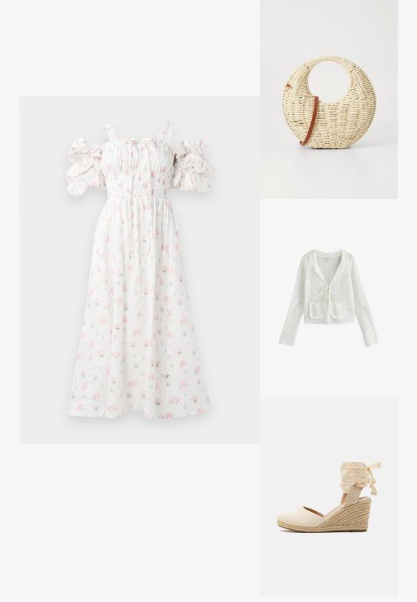 Hvid hæklestrikket cardigan med lange ærmer, forlommer med lapper, bindelukning og blomstermønster detaljer.; Hvid blomsterkjole med pink rosetter, smocket liv, skulderfri puffærmer og en svævende silhuet.; Beige espadrille kile med overdel i kanvas, åben tå og bløde båndsnore. Teksturiseret jutekile med et fletmønster.; Rund flettet taske i naturligt strå med en tekstureret overflade. Har en glat brun læderrem og et cirkulært håndtag.