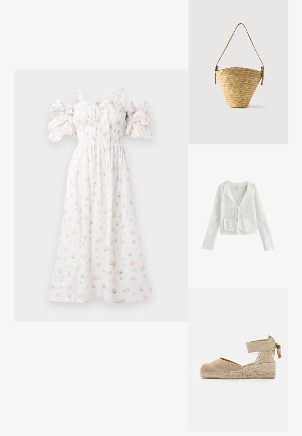 Hvid hæklestrikket cardigan med lange ærmer, forlommer med lapper, bindelukning og blomstermønster detaljer.; Hvid blomsterkjole med pink rosetter, smocket liv, skulderfri puffærmer og en svævende silhuet.; Beige espadrille med en overdækning af lærred, tekstureret vævet hæl og flettet jutesål; har en bundet ankelrem for en sikker pasform.; Flettet stråtaske med bred bund, smal top og justerbar brun læder skulderrem.