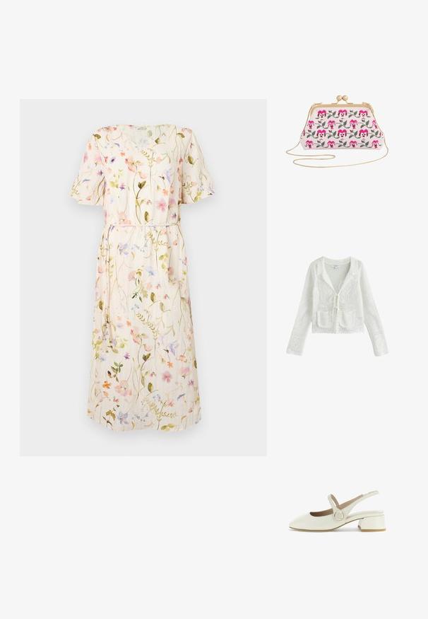 Hvid hæklestrikket cardigan med lange ærmer, forlommer med lapper, bindelukning og blomstermønster detaljer.; Blomstret kjole med korte ærmer, lys beige stof med flerfarvede blomster mønstre, taljebind, knælangt design.; Hvide læder slingback sko har en rund tå, lav blokhæl og en cirkulær detaljer ved ankelselen for en sikker pasform.; Clutch taske med et blomsterbroderet design i pink og grønt på en beige baggrund, med en lukning i guldfarvet tone og kædestropp.