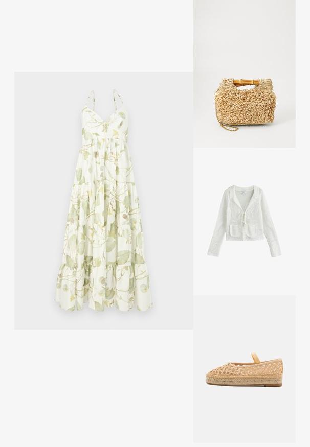 Hvid hæklestrikket cardigan med lange ærmer, forlommer med lapper, bindelukning og blomstermønster detaljer.; Maxi kjole i let materiale med et blomstermønster i grønne og gule nuancer, med en v-udskæring og tieret flæsekant.; Loeffler Randall KAYLA - Espadrilles - natural; Vævet strohåndtaske med bambushåndtag, der har et tekstureret fringedesign i naturlig beige og en guldkædesnor.