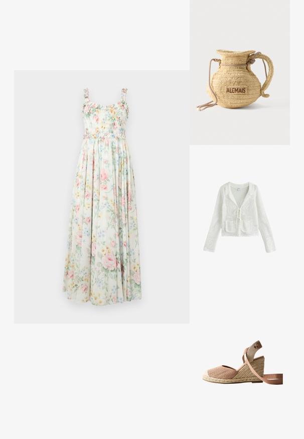Hvid hæklestrikket cardigan med lange ærmer, forlommer med lapper, bindelukning og blomstermønster detaljer.; Blomstrete maxikjole med smocket liv, frynset skulderstropper og pastellroser og blå blomstermønstre på en lys baggrund.; Kileespadrille med vævet beige og pink stofoverdel, flettet jutesål og pink ankelbånd på hvid baggrund.; Rund flettet stråtaske med håndtag af reb og "ALEMAIS" broderet på siden med brunt garn.
