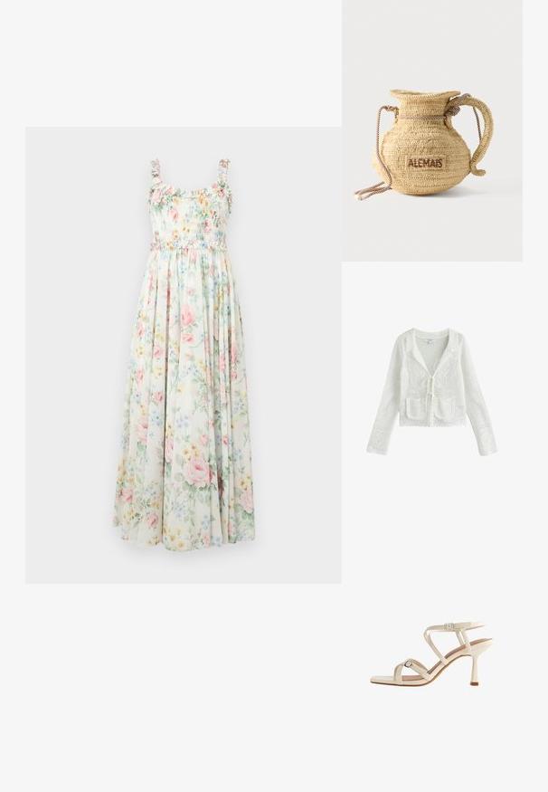 Hvid hæklestrikket cardigan med lange ærmer, forlommer med lapper, bindelukning og blomstermønster detaljer.; Blomstrete maxikjole med smocket liv, frynset skulderstropper og pastellroser og blå blomstermønstre på en lys baggrund.; Beige hæl sandal med tre krydsede stropper, justerbar spænde og en smal stiletto hæl. Glat imiteret lædermateriale, firkantet tådesign.; Rund flettet stråtaske med håndtag af reb og "ALEMAIS" broderet på siden med brunt garn.