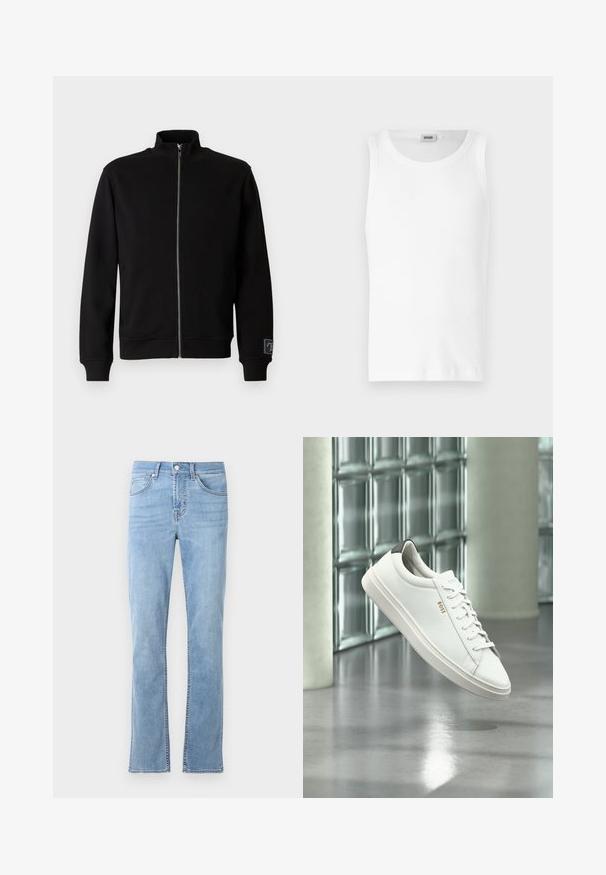Sort zip-up sweatshirt med høj krave, ribbede manchetter og et side-tag. Fremstillet af et blødt, glat materiale med ensfarvet design.; Hvid bomulds tanktop uden ærmer med rund halsudskæring og en glat tekstur. Enkel design, ingen mønstre eller accenter.; Lysblå, lige ben jeans lavet af bomuldsdenim. Har fem lommer, lukning med knap foran og subtile syninger.; Hvid læder lav-top sneaker med snørebånd, sort hælflig og "BOSS"-logo, svævende indendørs nær glasblok væg og poleret gulv.