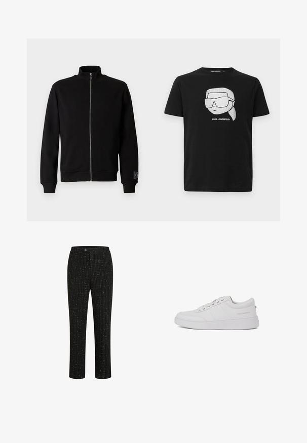 Schwarze Reißverschlussjacke mit hohem Kragen, gerippten Bündchen und einem seitlichen Etikett. Hergestellt aus einem weichen, glatten Material mit einem einfarbigen Design.; Schwarzes Baumwoll-T-Shirt mit einem weißen Grafikdesign eines stilisierten Charakters, der große Sonnenbrillen trägt, und dem Text "KARL LAGERFELD" unter dem Bild.; Schwarze maßgeschneiderte Hose mit einem strukturierten Muster aus dünnen weißen vertikalen Linien, geradem Schnitt und einem Knopfverschluss an der Taille.; Weiße Leder-Sneaker mit klassischem Low-Top-Design, flacher Sohle und dezentem Markenlogo an der Ferse. Verfügt über fünf Metallösen für die Schnürsenkel.