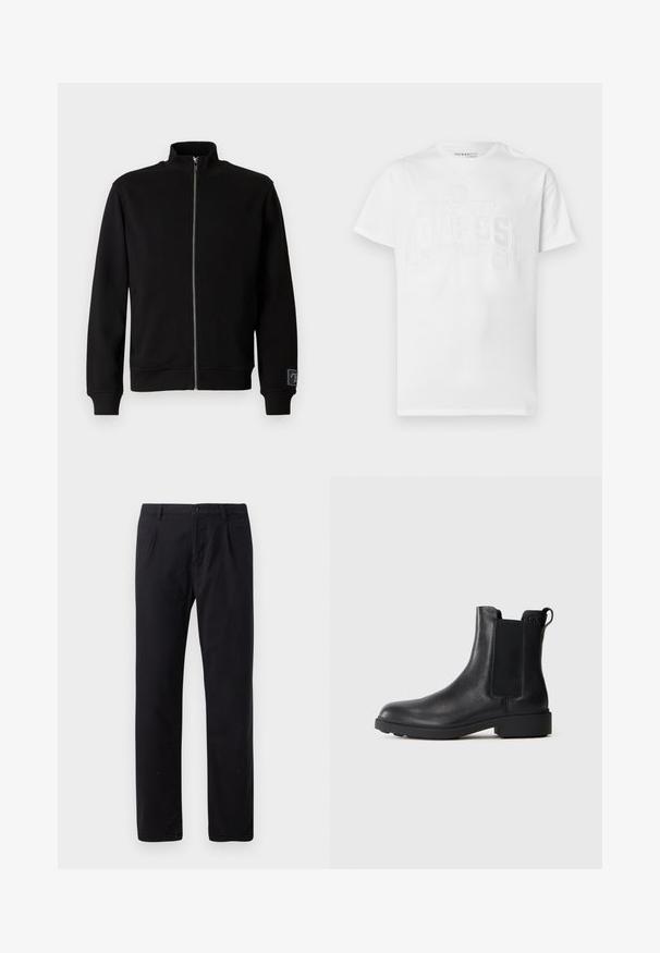 Zwarte zip-up sweatshirt met hoge kraag, geribbelde manchetten en een zijlabel. Gemaakt van een zachte, soepele stof met een effen kleur ontwerp.; Wit katoenen T-shirt met een verhoogd, glanzend logo ontwerp. Klassieke ronde hals en korte mouwen, met een losse pasvorm.; Zwarte broek van een katoenmix, met een klassiek recht model, knoopsluiting en zonder zichtbare patronen of versieringen.; Zwarte leren enkelboot met elastische zijpanelen, trekhaak op de hiel en een lage blokzool tegen een effen achtergrond.